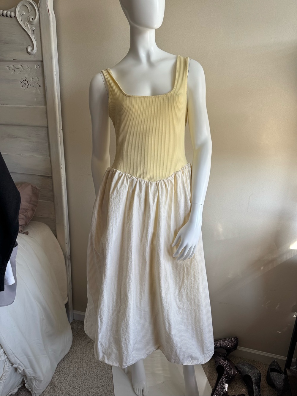 a new day Yellow Ribbed Bodice Cream Midi Dress